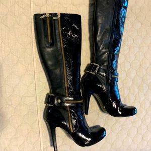 Patent and calf leather mix zipper tall boot